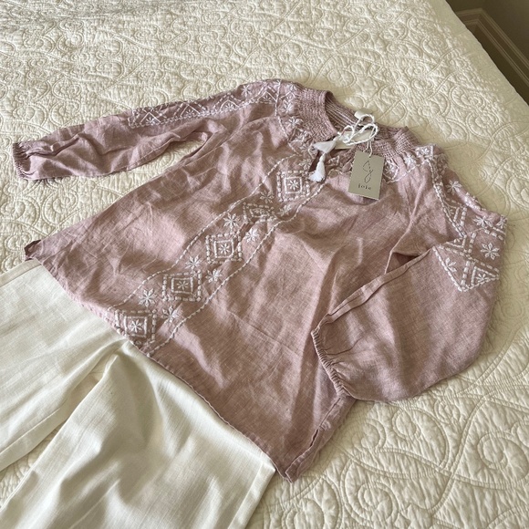100% Linen Joie Light Pink Embroidered Long Sleeve Top - Picture 1 of 4